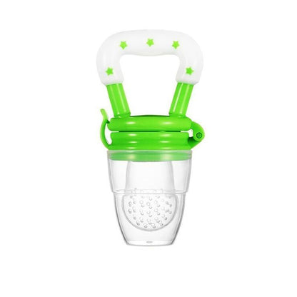 Gum soother and baby food feeder in one: a blue silicone pacifier for infants' comfort and nutrition.