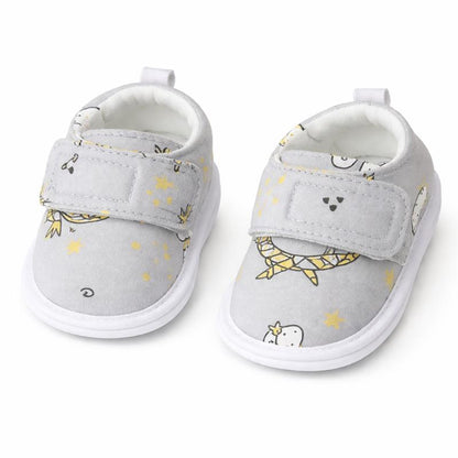 Close-up of baby tiger print first walking shoes with a durable non-slip sole