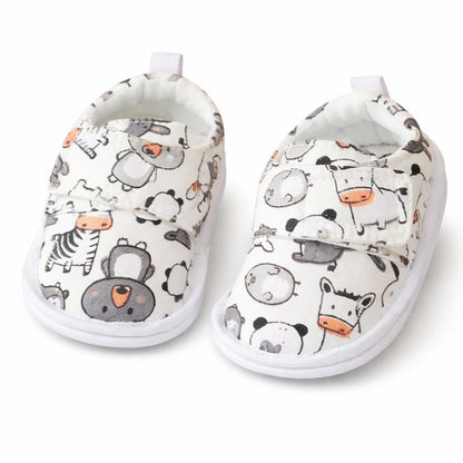 Baby sneakers with a fun animal print and non-slip bottom for new walkers