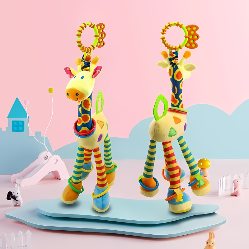 Baby giraffe teether and rattle, yellow, white and brown for sensory development in infants.