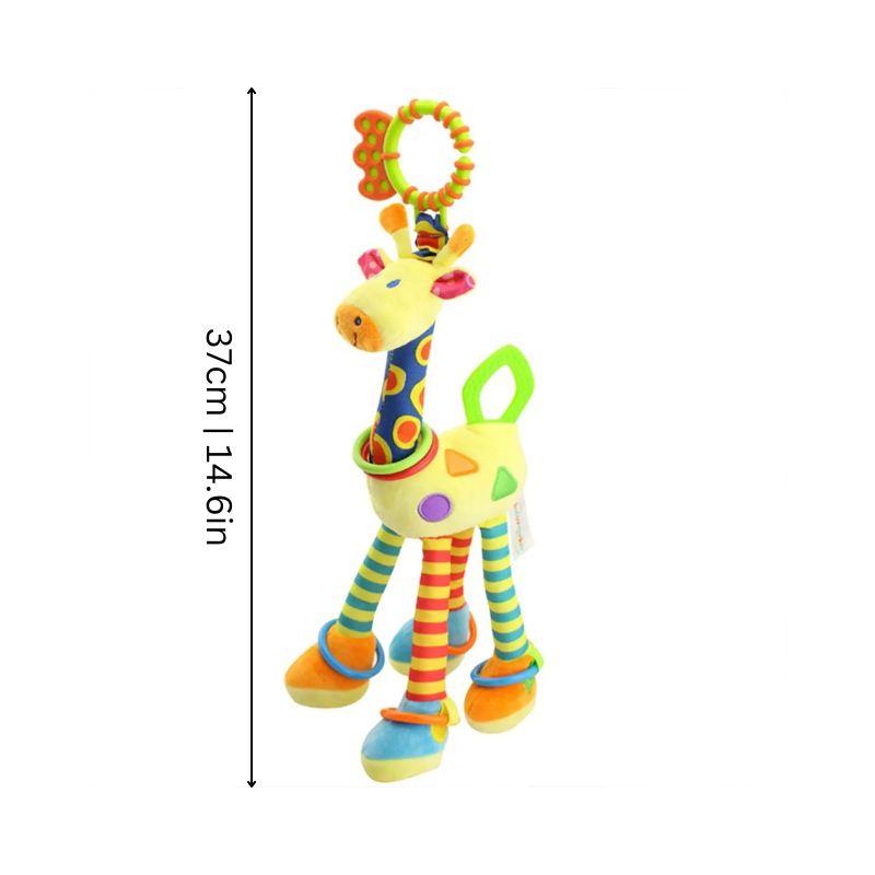 Newborn developmental teether toy, soft silicone giraffe rattle, perfect baby shower gift.
