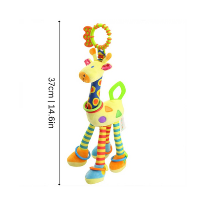 Newborn developmental teether toy, soft silicone giraffe rattle, perfect baby shower gift.