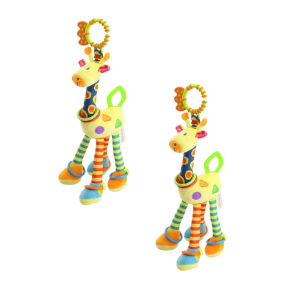 Infant sensory toy with giraffe design, a chewable teether and gentle rattle for babies.