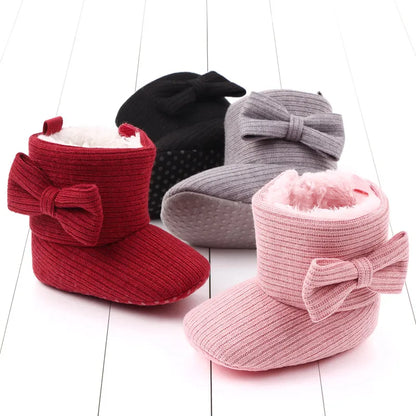 Baby girl cozy pink bowknot ankle boots, soft sole winter walking shoes, infant footwear