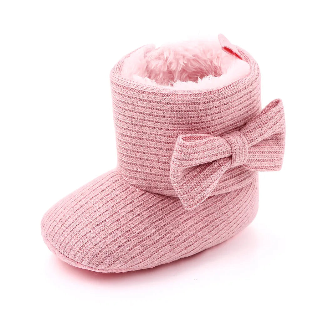 Newborn baby girl's cozy bowknot ankle boots, knitted fabric, soft sole shoes