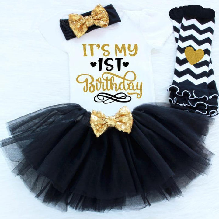 Baby girl first birthday romper with pink tutu & striped leggings, perfect party outfit