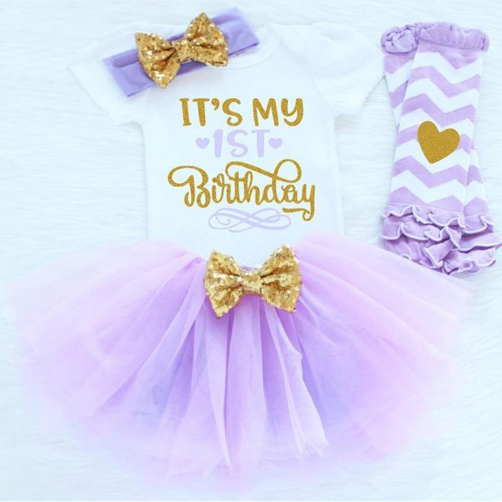 Girls' first birthday romper outfit, white top with 'One' print, pink tutu & striped leggings