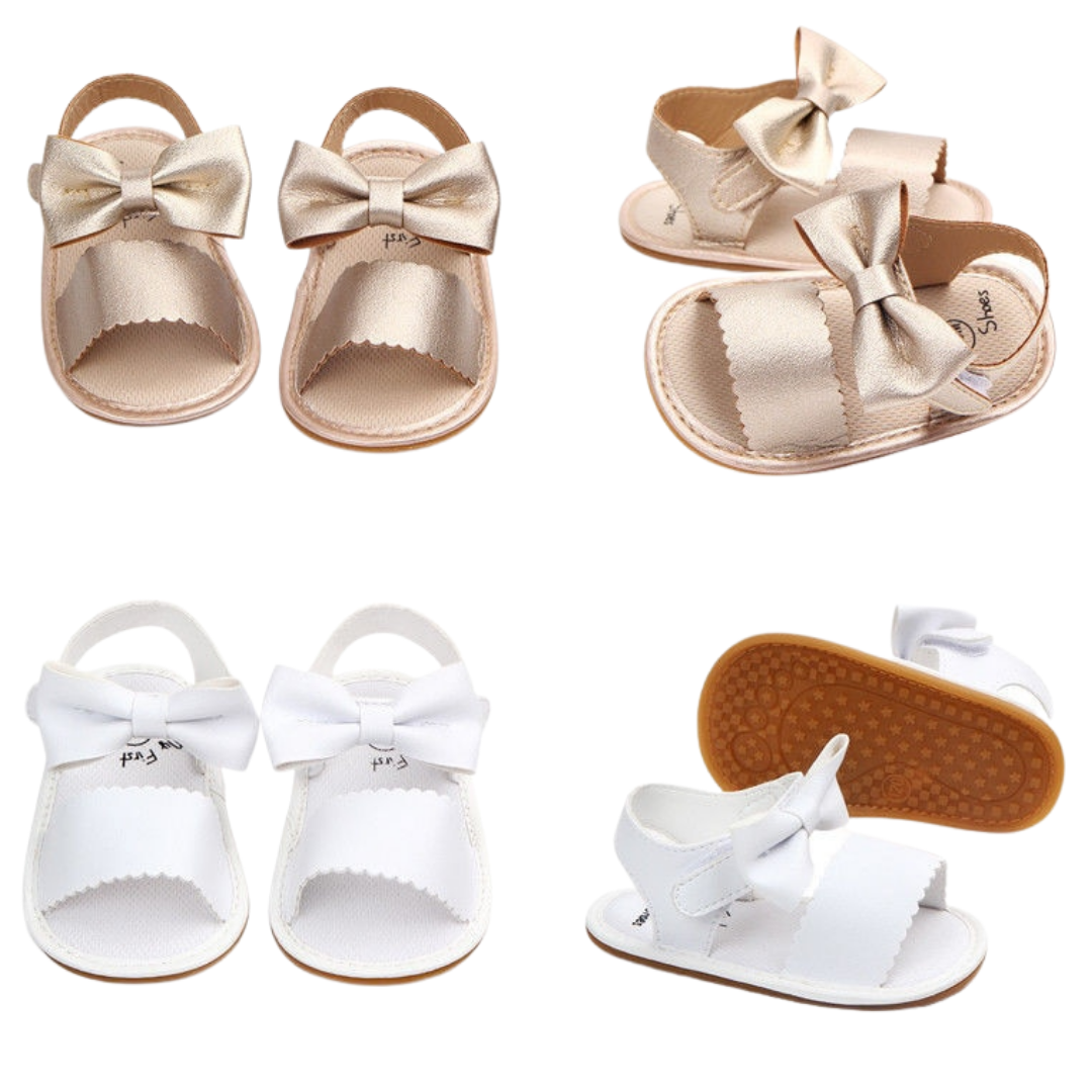 Toddler footwear: White baby girl first walker sandals with cute bowknot and soft sole
