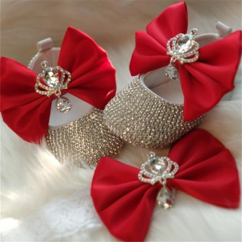 Chic baby girl first walker shoes with elaborate bowknot and pearl-like beads, includes headband