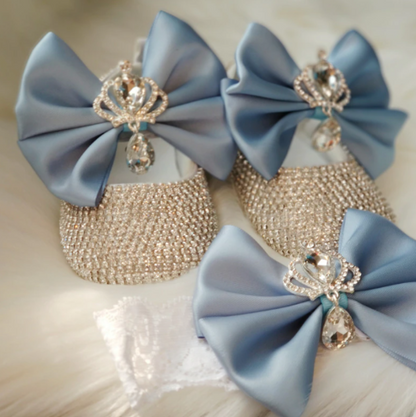 Cute anti-slip baby girl shoes with bowknot & beaded detail, comfortable for new walkers, headband included