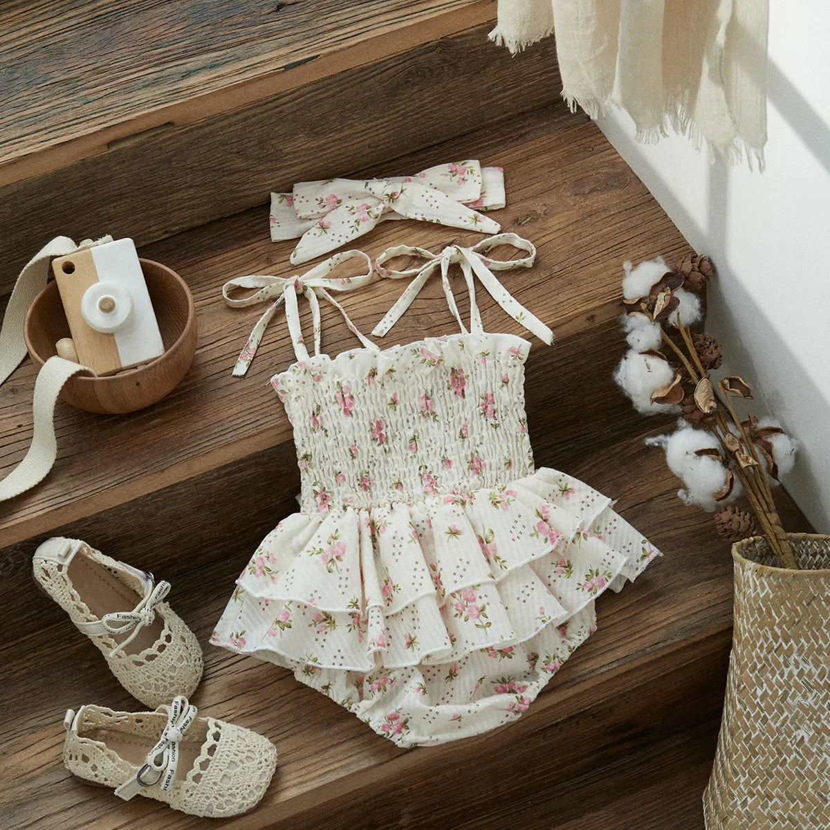 Baby girl floral ruffle romper with matching headband, sleeveless, cotton blend, perfect summer outfit