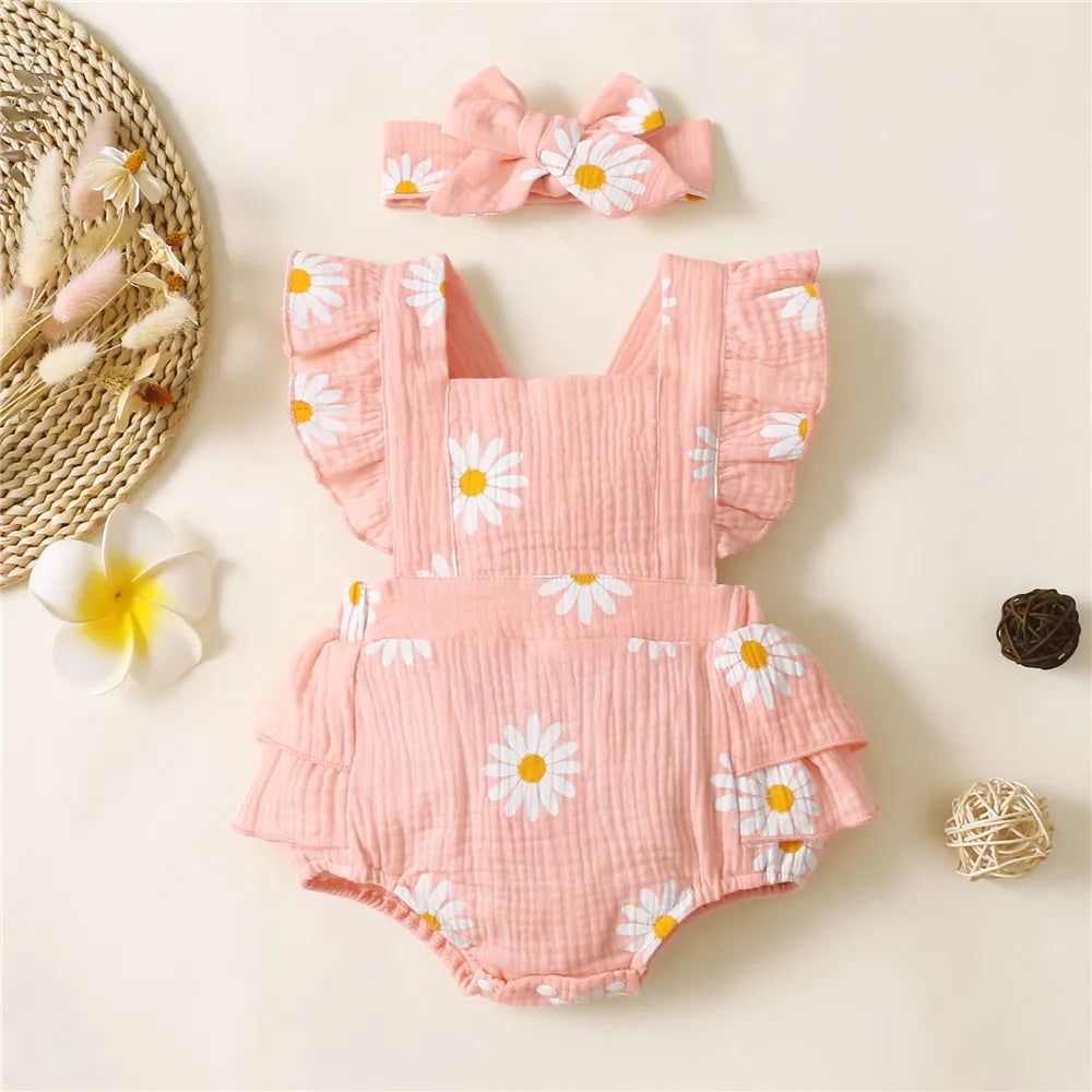 Pretty baby girl floral ruffle romper and perfectly matched infant headband