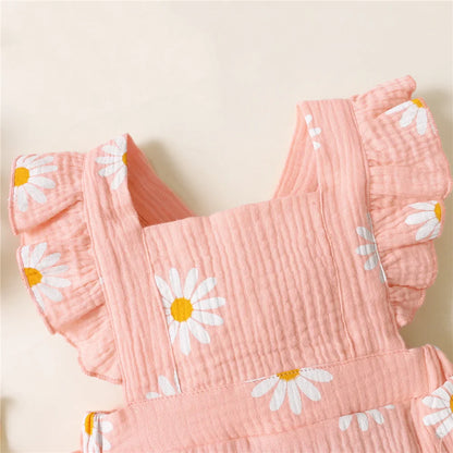 Cute newborn floral print ruffle romper, sleeveless, includes headband
