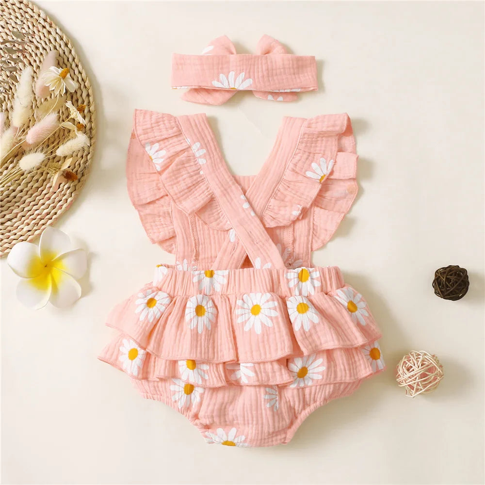 Infant girl's summer floral romper, ruffles, soft fabric, and headband