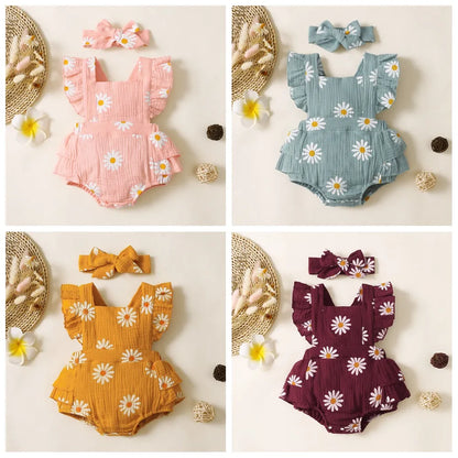 Baby girl floral ruffle romper with matching headband, perfect summer outfit
