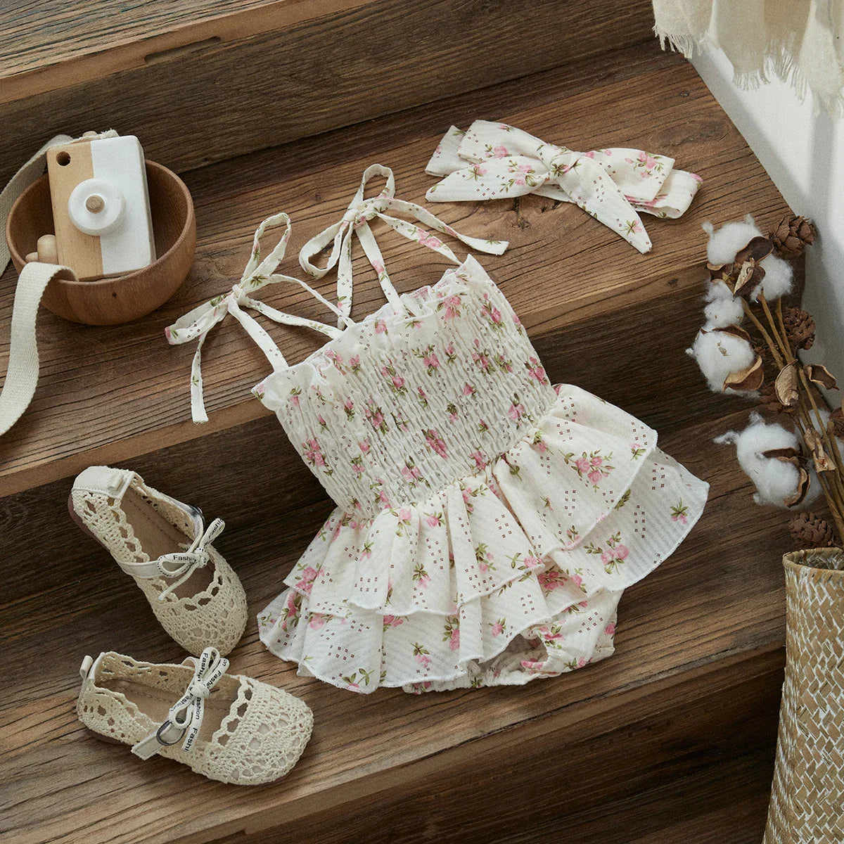 Newborn infant girl in a cute floral print ruffle romper and headband set, comfortable cotton blend