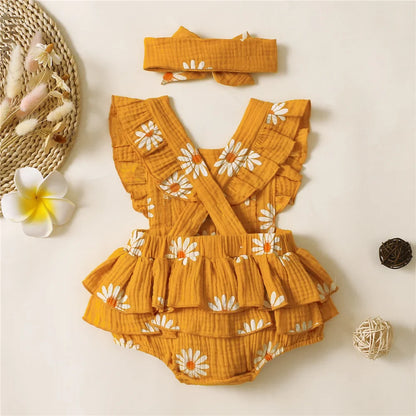 Baby girl's gift idea: floral ruffle romper, soft, with matching headband