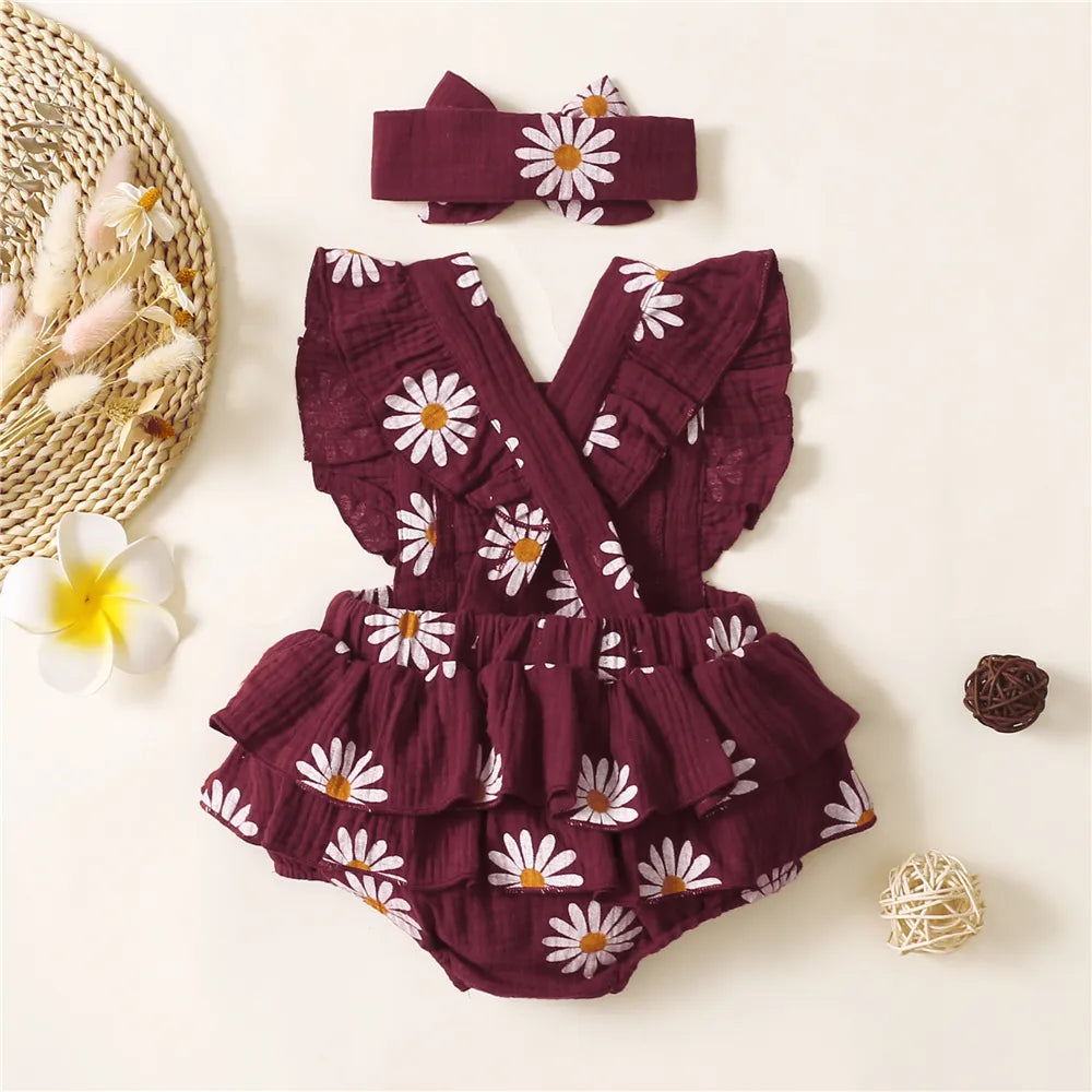 Summer outfit for baby girl: floral ruffle romper, sleeveless, and headband