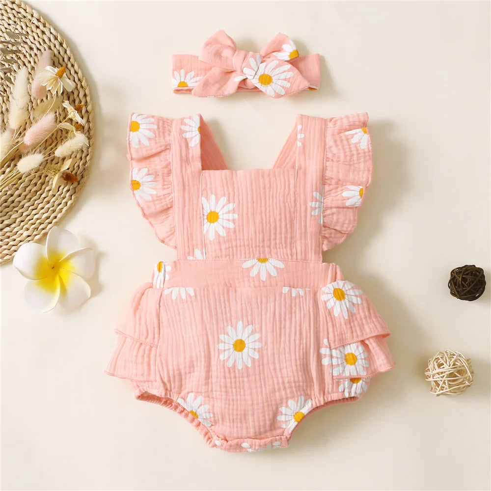 Infant floral print ruffle sleeveless romper and coordinating headband