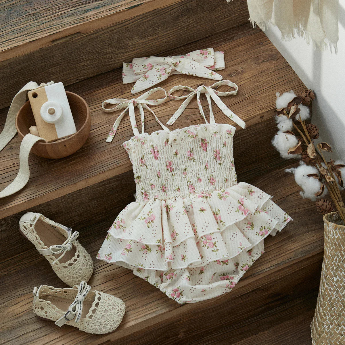 Close-up of a baby girl's floral ruffle romper with delicate ruffles and vibrant print, summer style