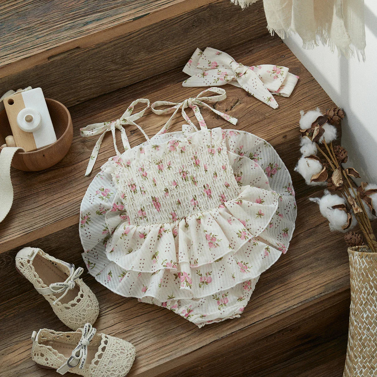 Adorable baby girl romper jumpsuit with floral pattern, ruffles on shoulders, and coordinating headband