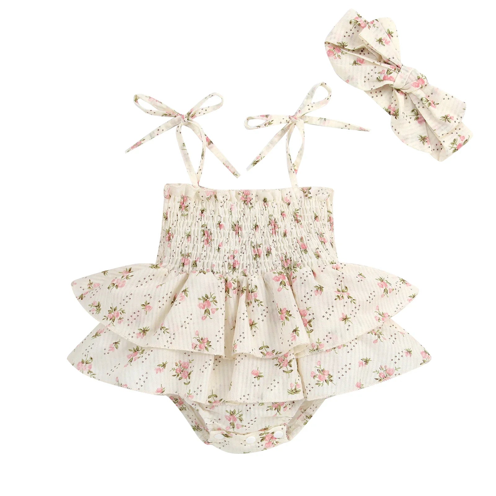 Floral ruffle romper and headband set for baby girls, featuring bright blooms and comfortable design