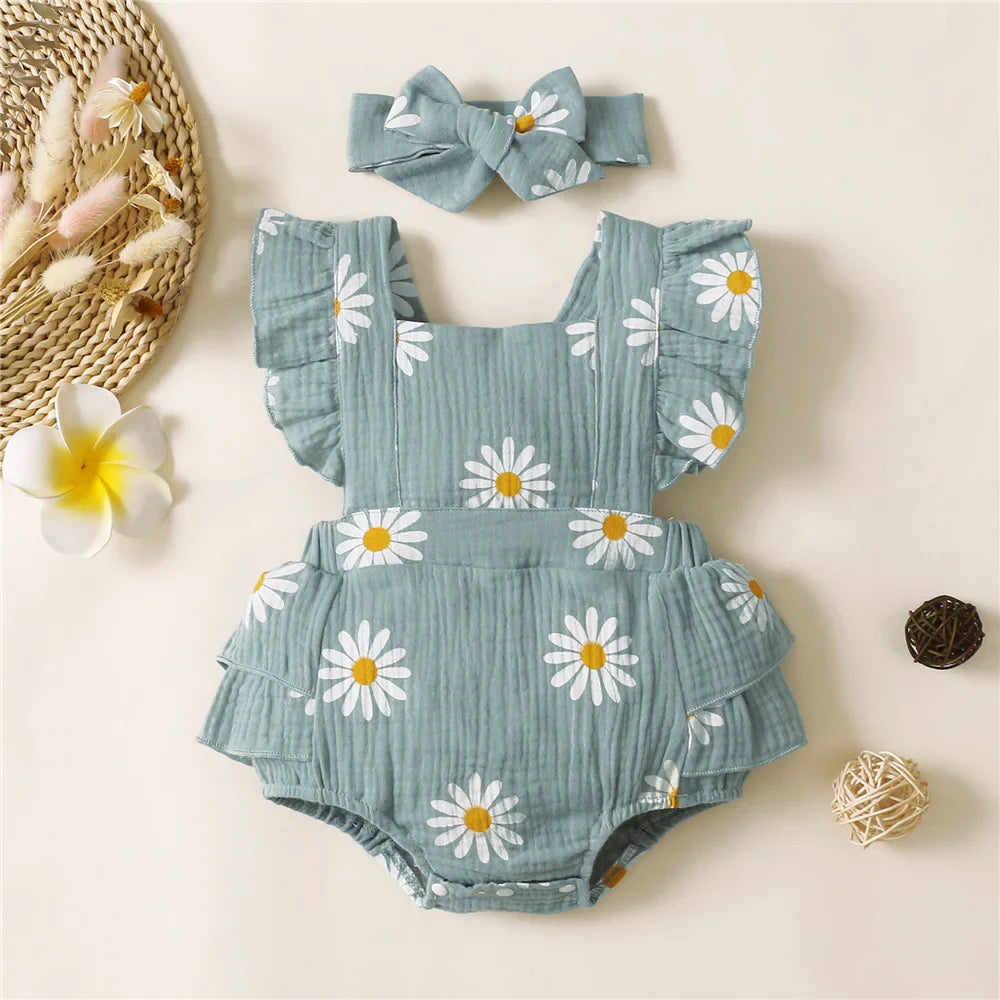 Charming baby girl floral print ruffle romper, ideal for warm weather