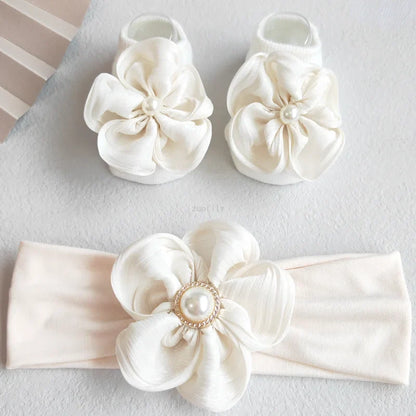 Baby girl gift set: pink lace bow headband & matching cotton socks for newborn 0-12 months