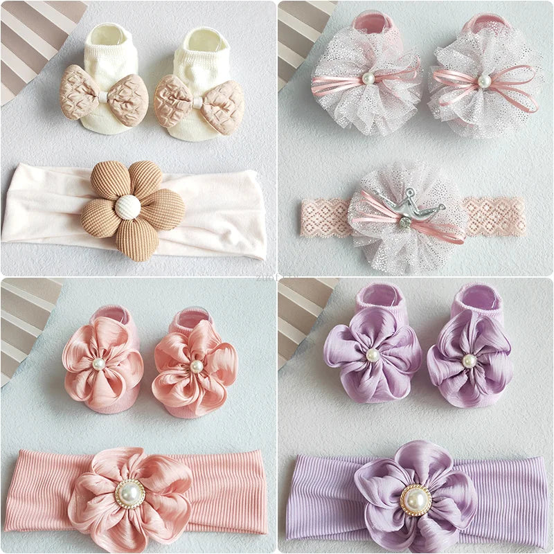 Close-up of pink lace hair bow headband from baby girl gift set for infants