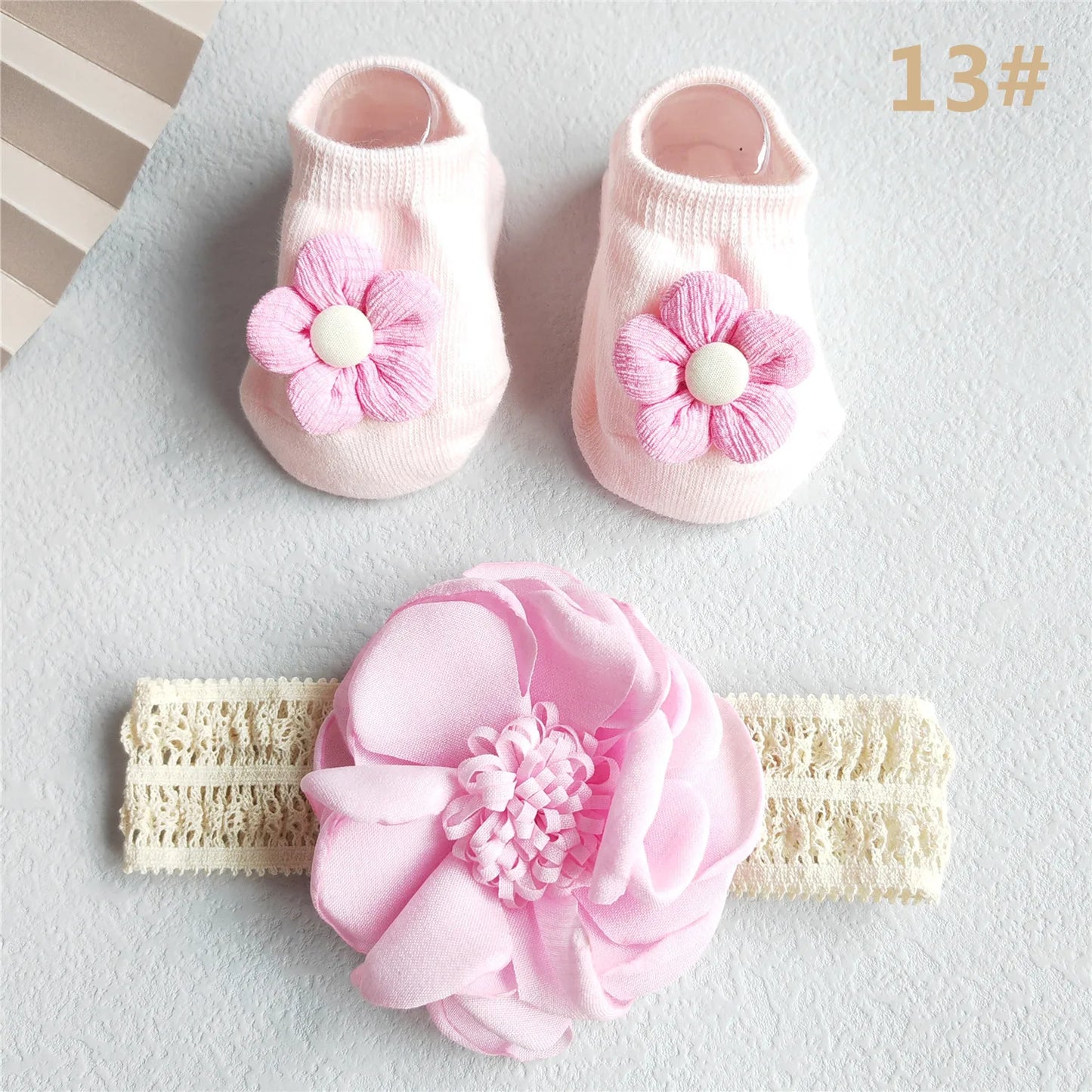 Complete newborn baby girl princess set: lace bow headband and matching pink infant socks