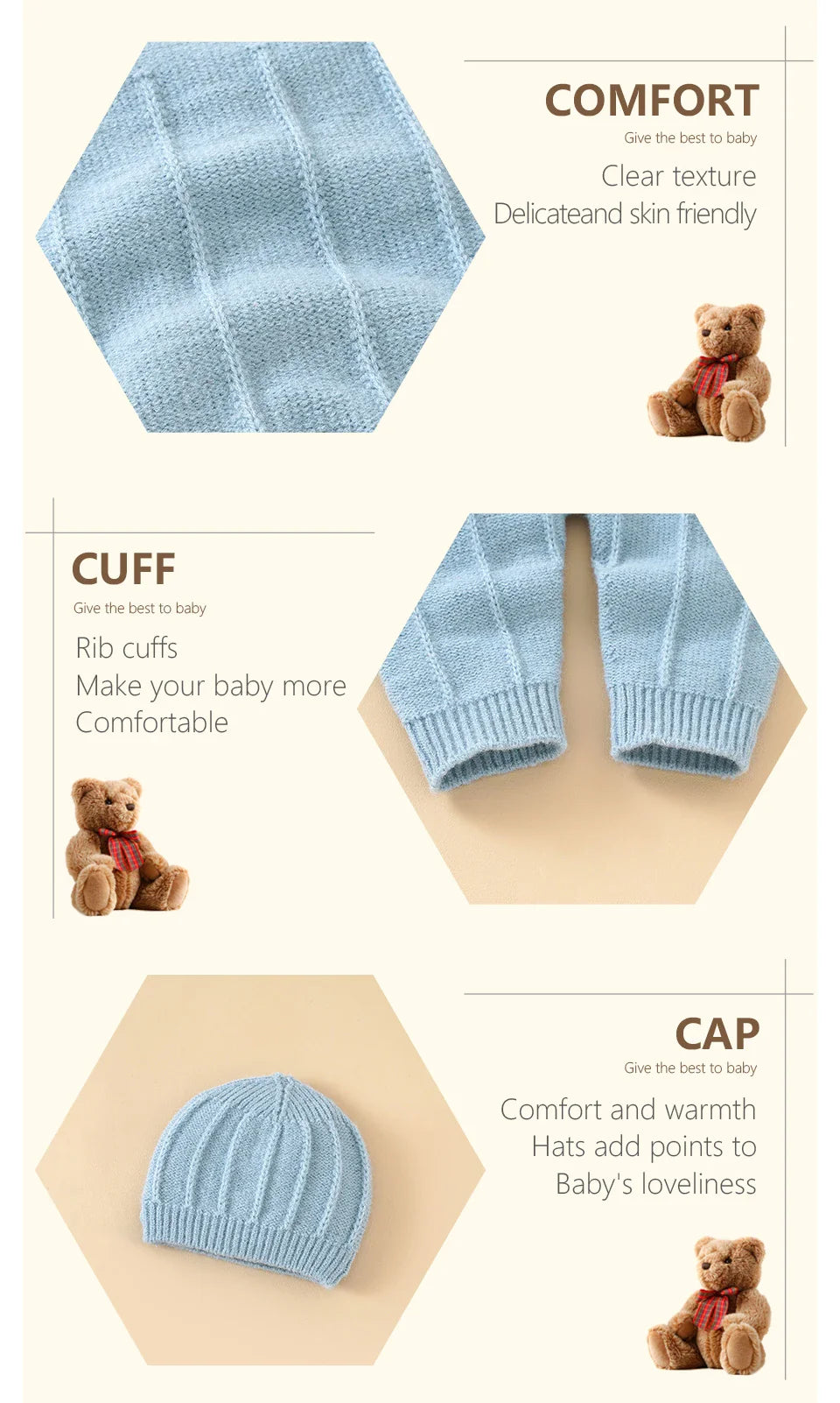 Close-up of the matching knitted hat from the baby girl's sleeveless romper set