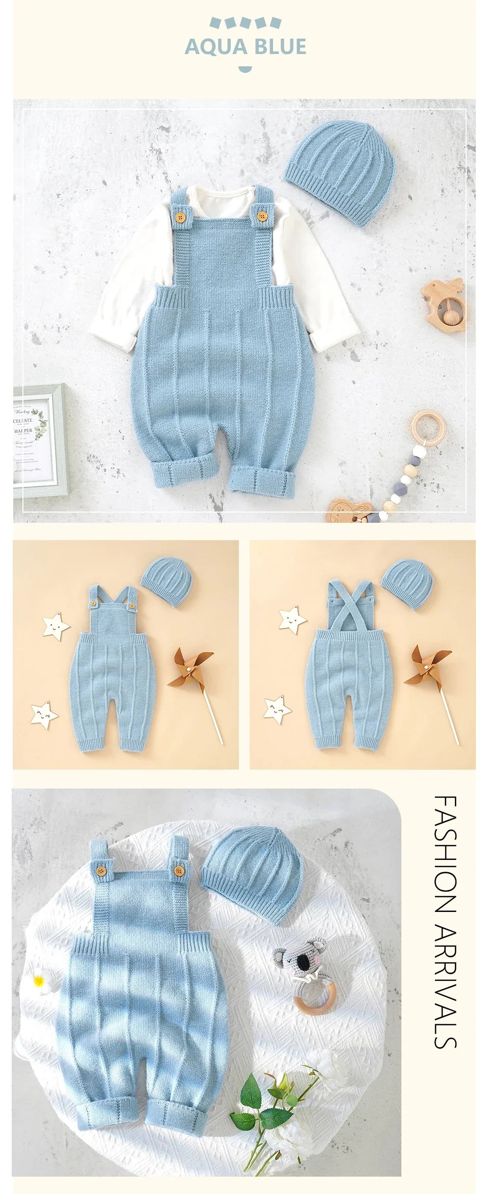 Baby girl's outfit: knitted sleeveless romper and hat set, displaying quality craftsmanship