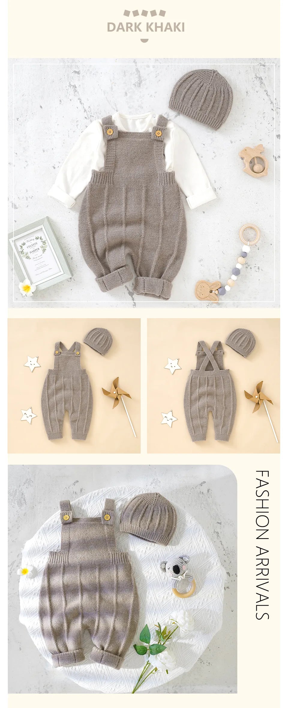 Flat lay of a baby girl's knitted sleeveless romper and hat set, essential infant clothing