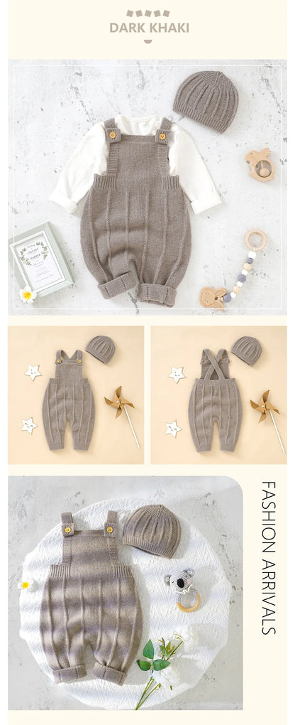 Flat lay of a baby girl's knitted sleeveless romper and hat set, essential infant clothing