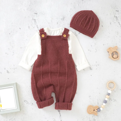Cream knitted sleeveless romper and hat set for baby girl, a charming newborn fashion choice