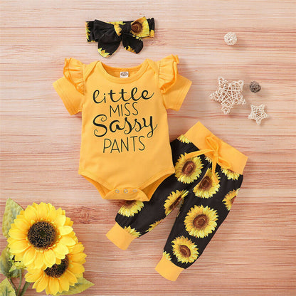 Cute baby girl's sunflower romper and bow headband set, made from soft cotton for infant comfort.