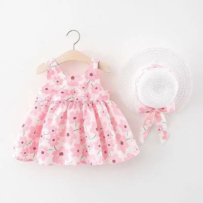 Side view of a baby girl's floral summer dress, highlighting its A-line silhouette and bow.