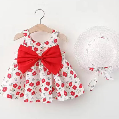 Toddler girl's A-line summer dress with a large pink bow, white background, kids fashion.