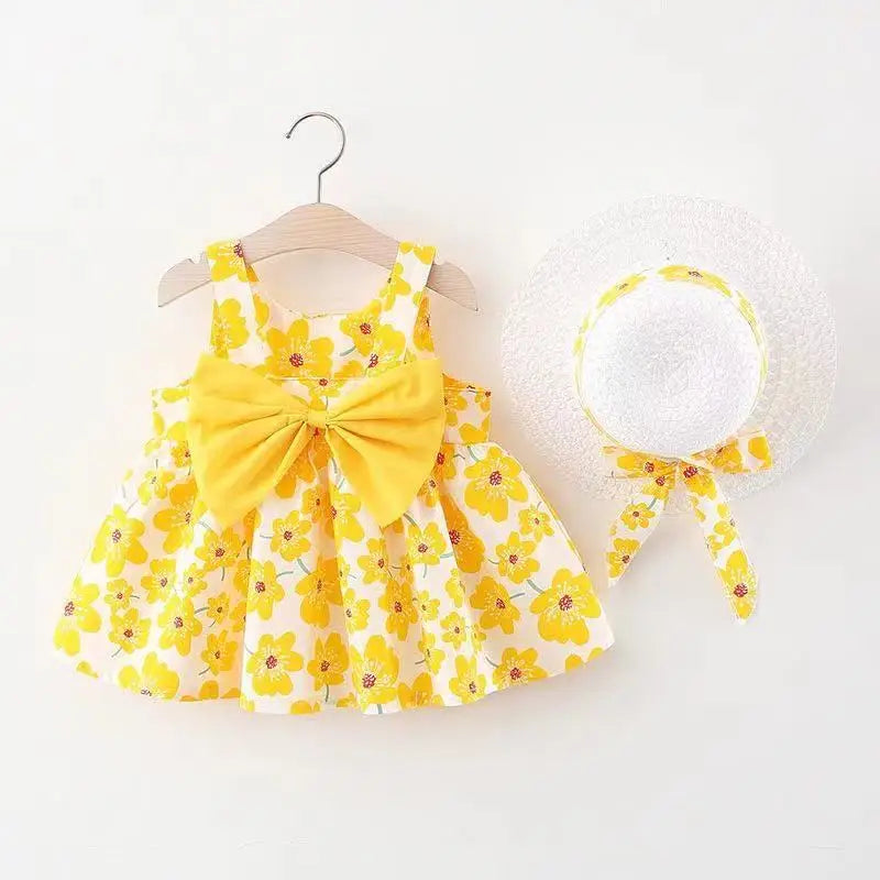 A-line knee-length summer dress for baby girl, with vibrant floral pattern and cute bow.