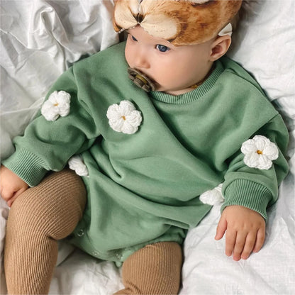 Baby girl in floral spring sweatshirt romper, pink flowers, comfortable cotton, newborn to 2T fashion