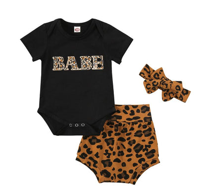 Two-piece leopard print baby girl set: romper and shorts, soft and stylish baby clothing.