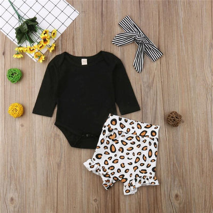 Leopard print baby girl romper with ruffled trim and matching shorts, infant fashion set.