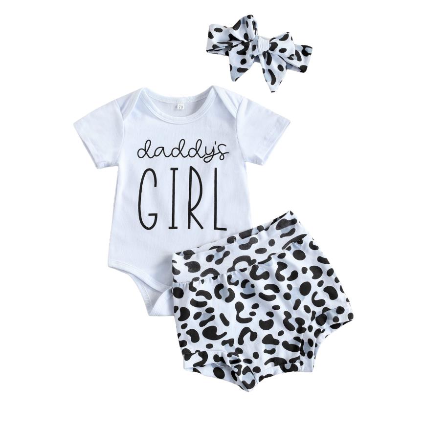 Baby girl shorts set in a playful leopard print, ideal for warm weather newborn outfit.