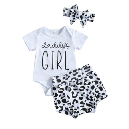 Baby girl shorts set in a playful leopard print, ideal for warm weather newborn outfit.