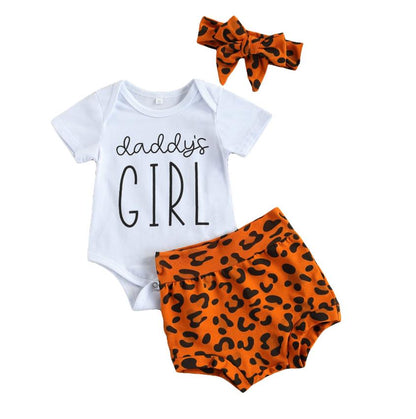 Full view of a baby girl's leopard print romper and shorts outfit, adorable baby clothes.