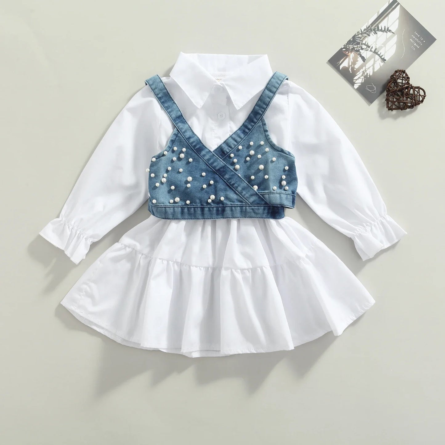 Girls long sleeve shirt dress and beaded denim vest set, perfect cotton casual wear for toddlers.
