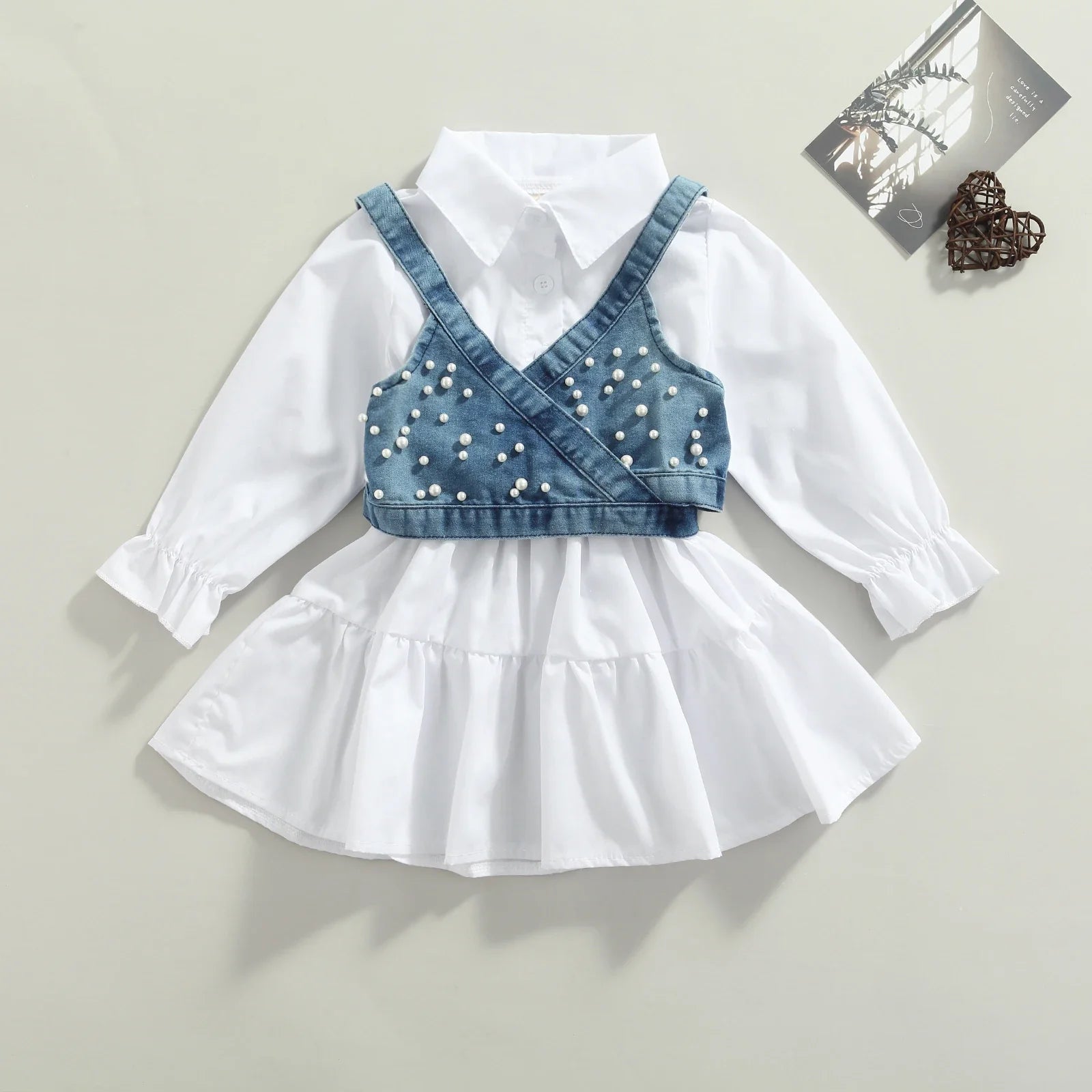 Girls long sleeve shirt dress and beaded denim vest set, perfect cotton casual wear for toddlers.