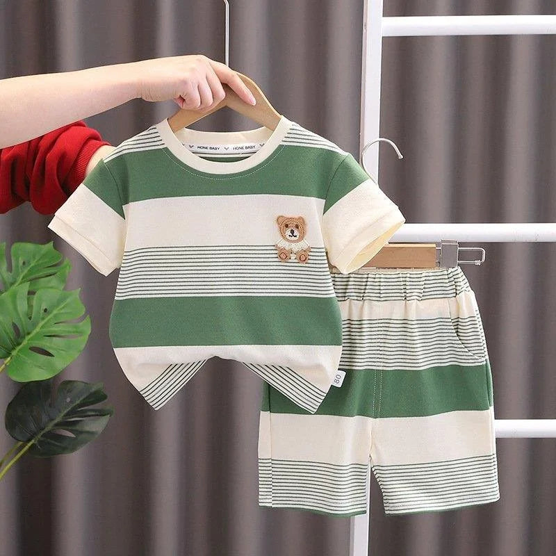 Two-piece baby girl casual set: striped t-shirt and matching shorts, ideal summer baby clothing gift