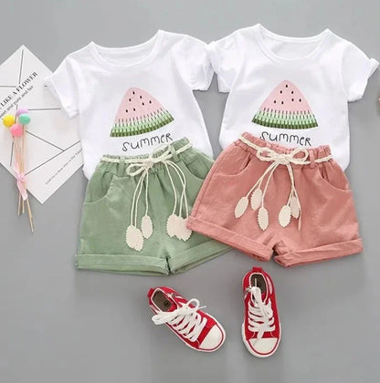 Baby girl in pink cotton cartoon print summer top and pants set, toddler wear