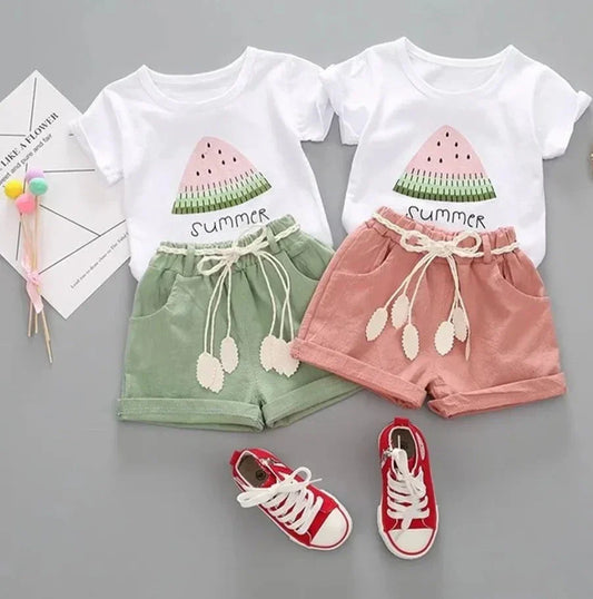 Baby girl in pink cotton cartoon print summer top and pants set, toddler wear